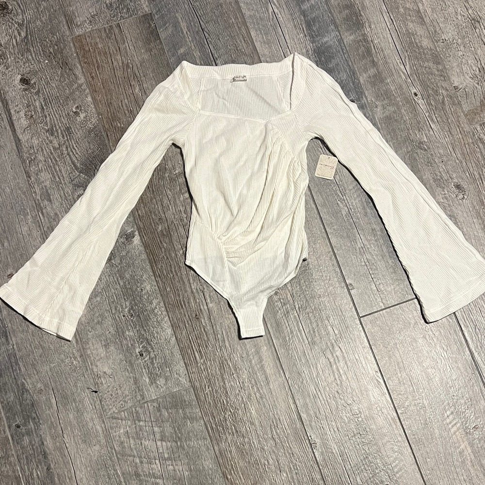 Free People White Textured Bodysuit Top